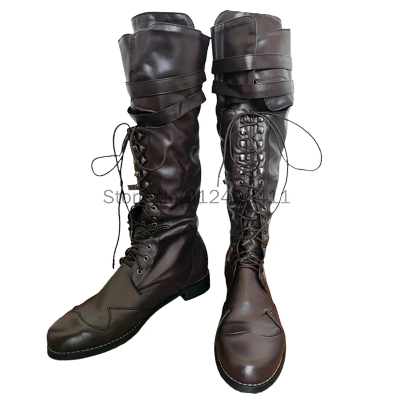 Medieval Retro Men Knight Boots Carnival Gothic British Style Soldier Prince Cosplay Leather Boot Party Fashion Bandage Shoes