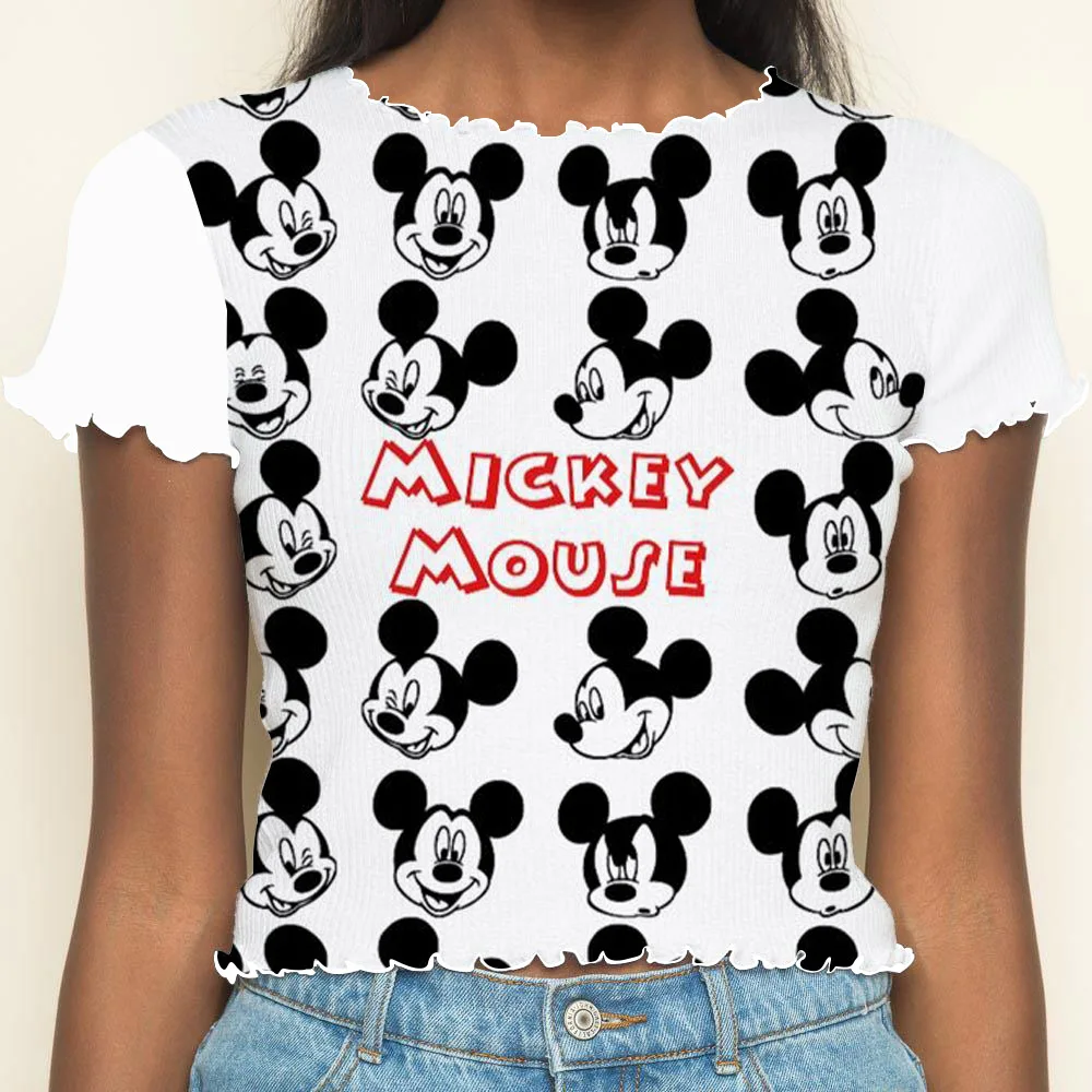 Crop Top Lettuce Trim Disney Summer Clothes Women 2024 Y2k Woman Clothing Mickey Tops Sexys T-shirt Short Sleeve T-shirts Disney