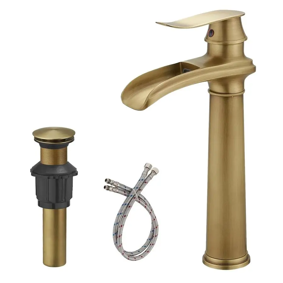 

Brass Bathroom Vessel Sink Faucet, Waterfall Bathroom Faucet, Vessel Faucet, Tall Body High 1 Hole Single Handle with Pop Up Dra