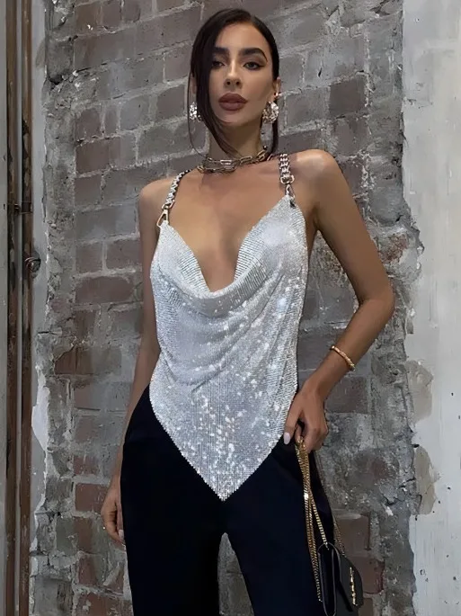 セクシーなイレギュラーメタルラインストーンベストトップ レディース 春ファッション チェーンストラップ クロップトップ バルネット アイシャイン オルトスヴェ