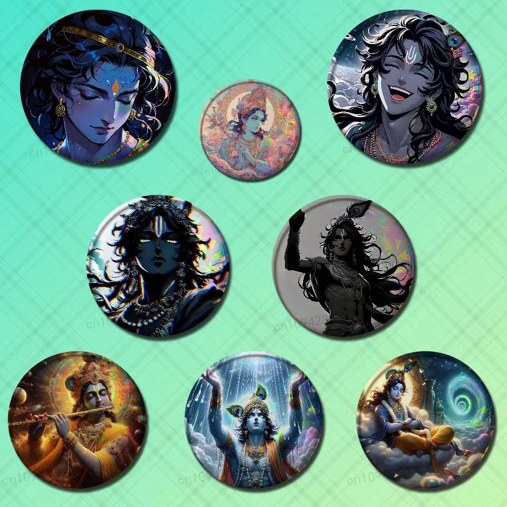 

Indian God Lord Krishna Badges 25mm 32mm 44mm 58mm 75mm Cartoon Brooch Pins Backpack Hat Accessories Lover Gifts