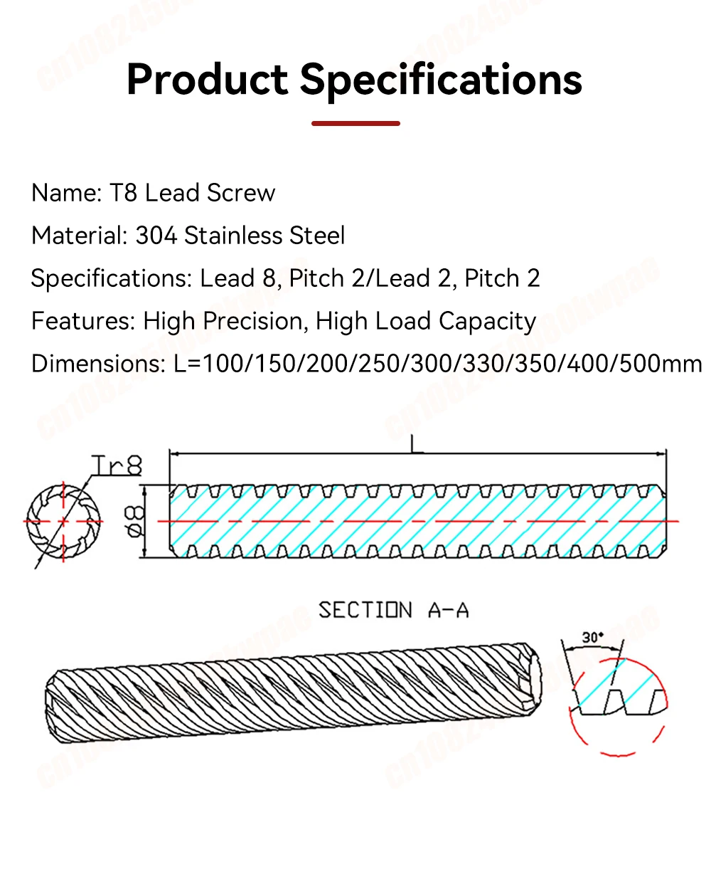 T8-Leitspindel mit Messingmutter, Außendurchmesser 8 mm, Steigung 2 mm/Steigung, 8 mm Steigung, 2 mm Länge, 100–500 mm, T8-Leitspindel-Reprap, 3D-Drucker-Teile – Detail 2