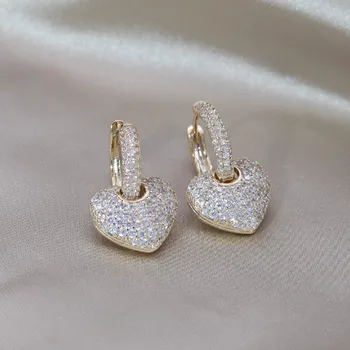 14K 금도금 구리 상감 지르콘 러브 펜던트 귀걸이, 한국 인기 패션 주얼리, 럭셔리 여성 파티 액세서리