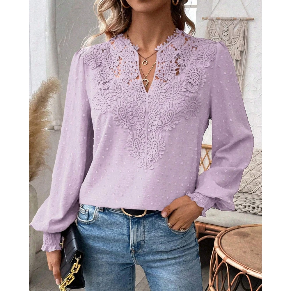 Autumn Women Contrast Lace Ruffles Ruched V Neck Lantern Sleeve Blouse Fashion Elegant Femme Solid Color Street Wear Top Traf