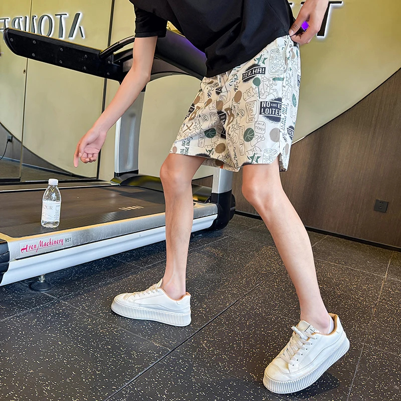 

Loose Fit Spor Printed Straight Leg ort Pants Beachwear Youth Casual Polyester Fiber Summer Five-Quarter Length Trousers