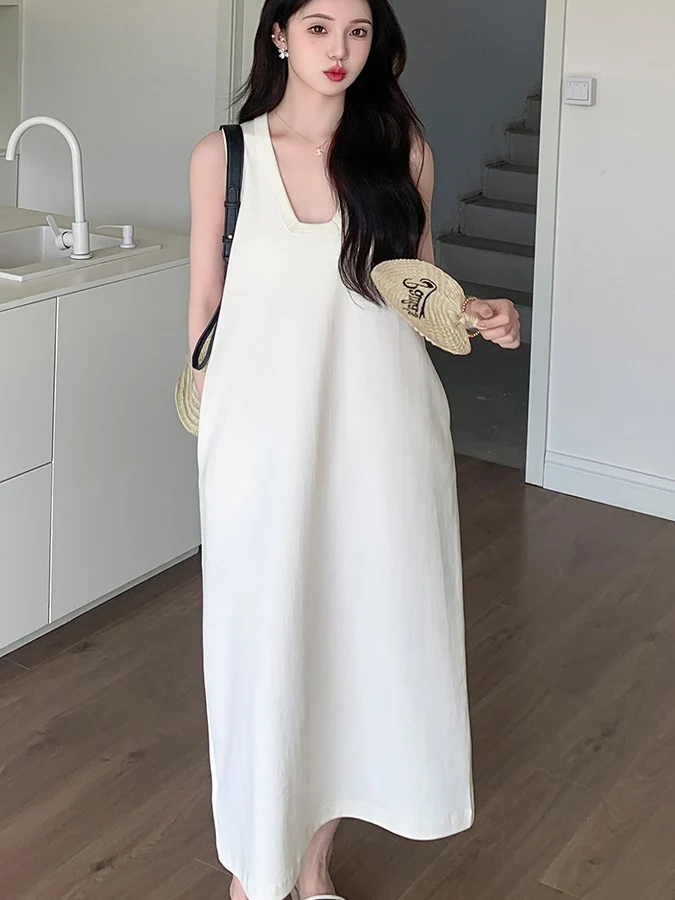 

plus Size Summer Dress Women's Loose Sleeveless Vest Long Drapey A-Line Skirt Casual Korean Style Big Size Fashion Dress