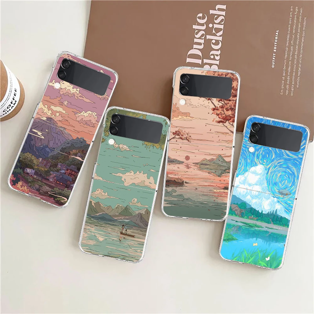 

INS Korean Sunset Scenery Case For Samsung Galaxy Z Flip 3 4 5G Hard HD Folding PC Phone Cases For Samsung Z Flip3 Clear Cover