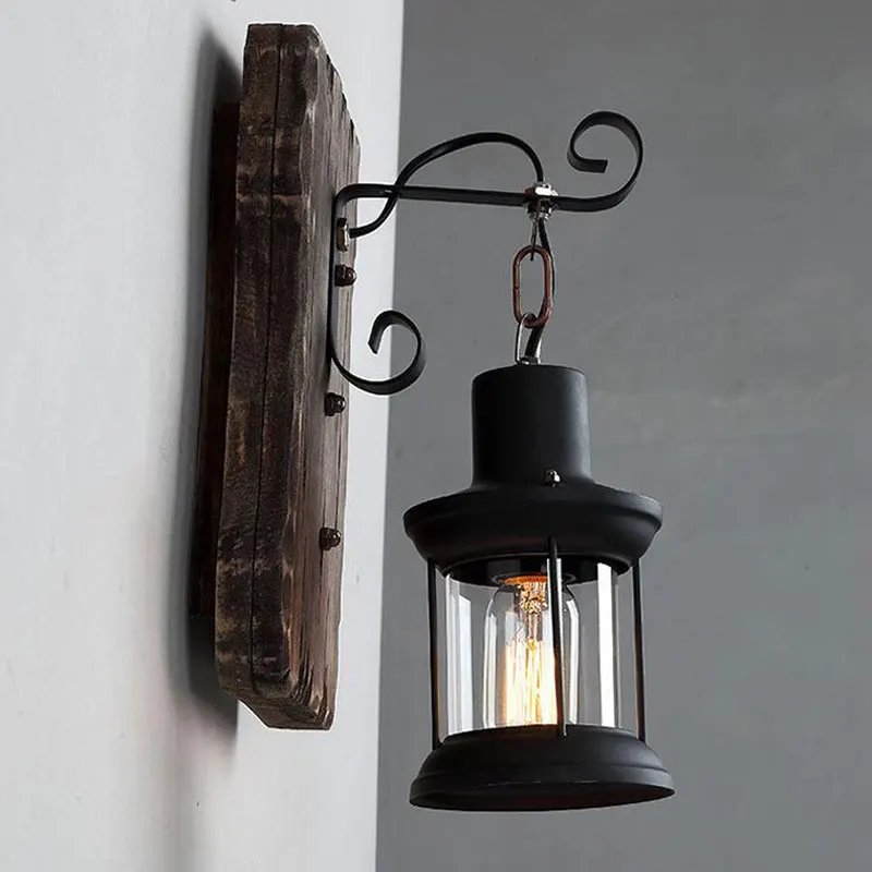 Loft Industrial Restaurant Wall Lamp Wood Vintage Light Bedside Bedroom Cafe Aisle Corridor Glass Wall Light Wood Lamp