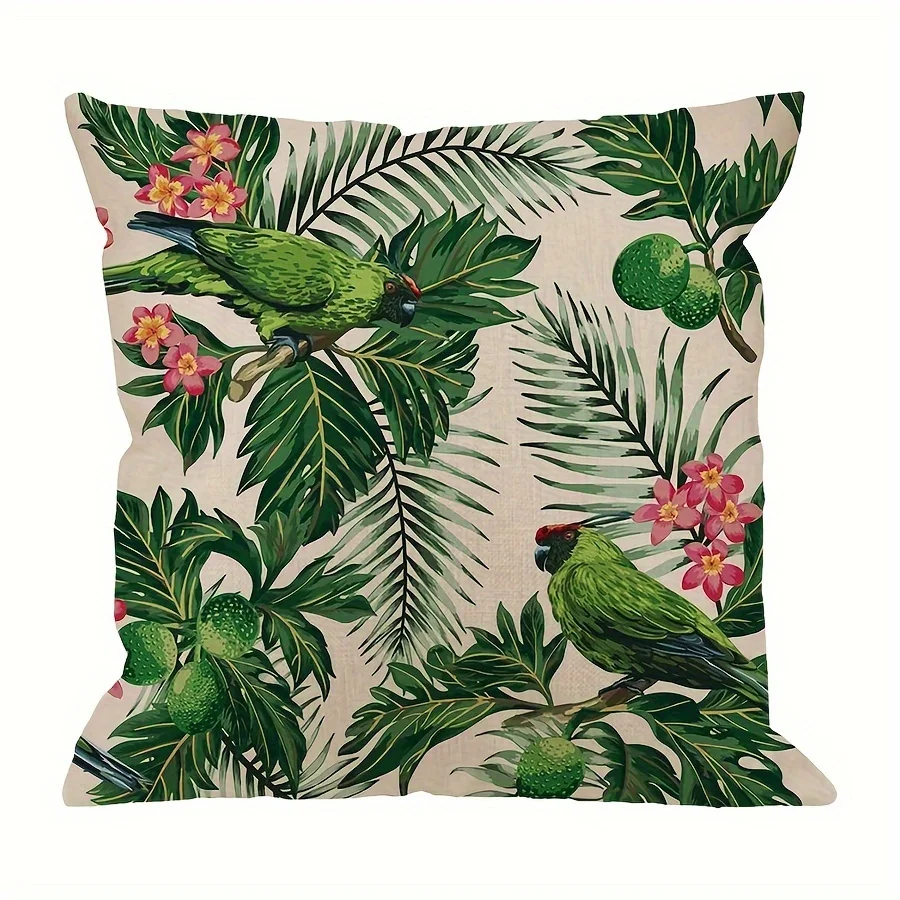 1pc Linen Green Leaf Pillow CaseSeamless Exotic Tropical Pattern Leaves Fruits And Bird Cushion Cover Square Standard Home Decor