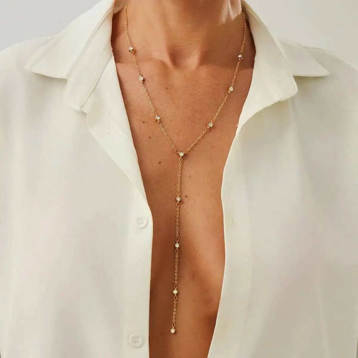 SHIXIN Sexy Rhinestone Y-shaped Chest Chain Necklace for Women Aesthetic Adjustable Pendant Necklace Neck Jewelry Lady Gift