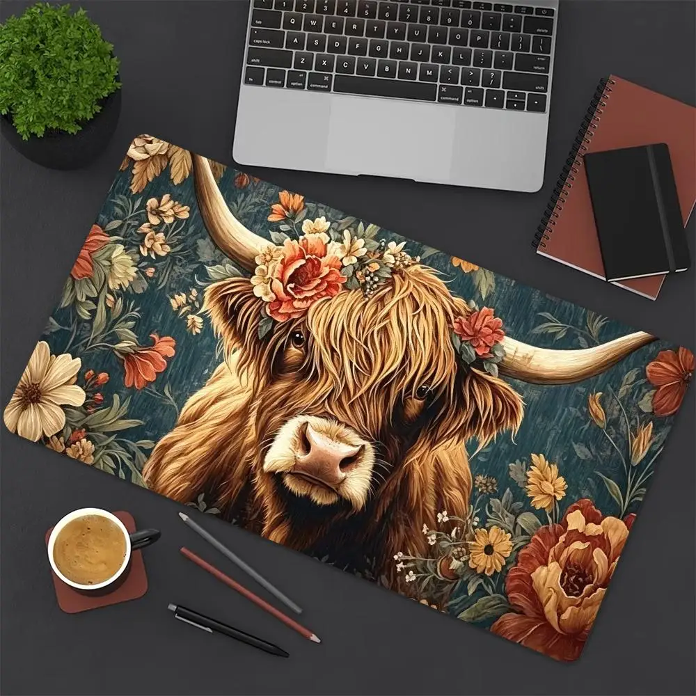 Large Extended Highland Cow Floral Mouse Pad Thick Non‑Slip Rubber Mat For Precise Mouse Control Gaming Laptop Computer Desktop