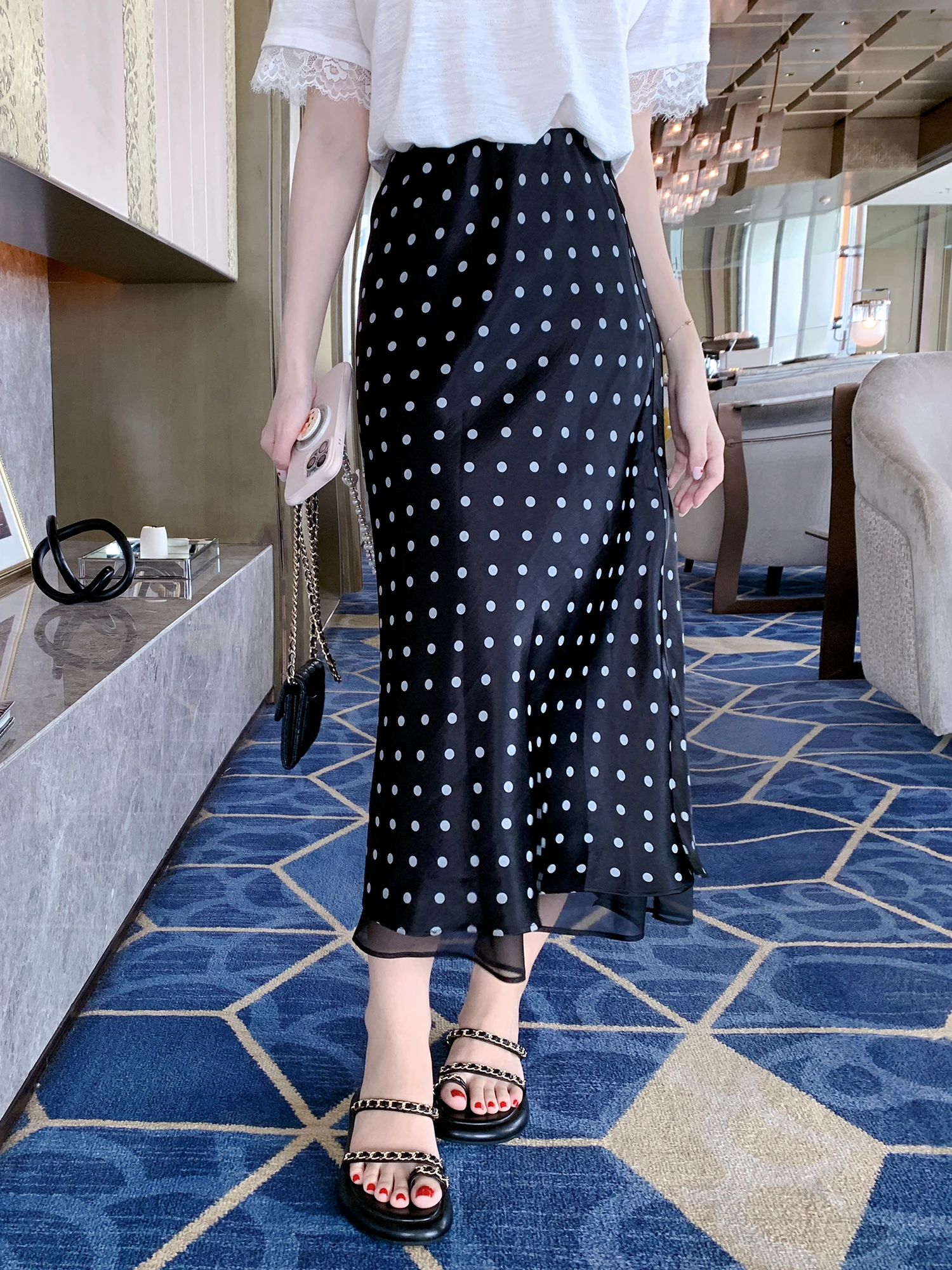 

Acetate Lightweight Bla Polka Dot f Skirt Women Summer Ele Silk Face Tassel Skirt Korean Sle Breathable Skin-Friendly