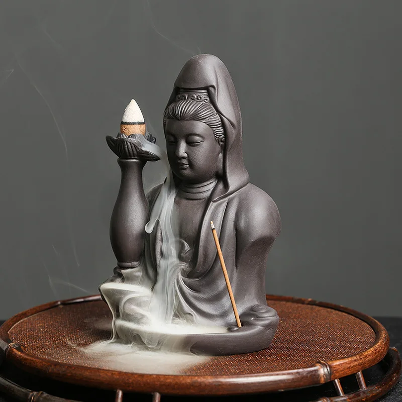 Purple Clay Backflow Incense Burner Sandalwood Aromatherapy Creative Guanyin Smoke Backflow Incense Burner Home Decor Craft Gift