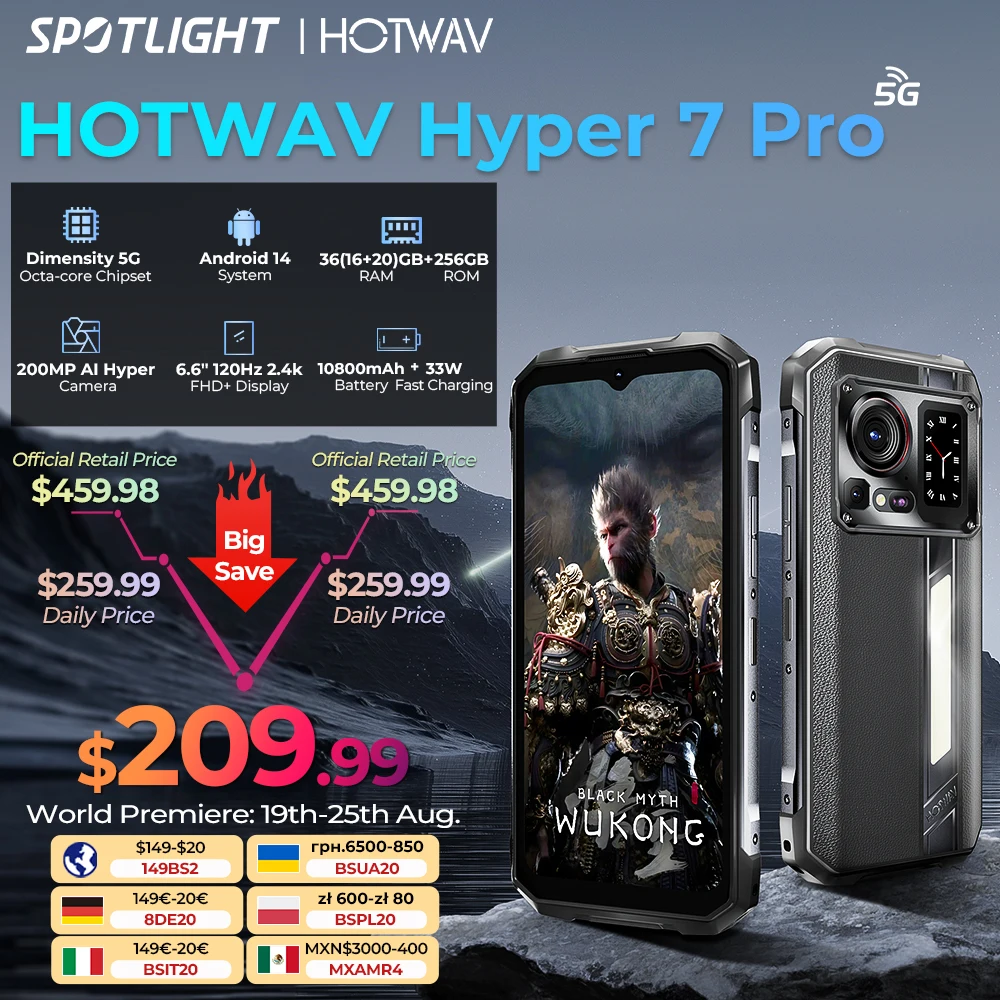 Прочный телефон HOTWAV Hyper 7 Pro 5G, 200 МП, Android 14 6,6 дюйма, FHD +, 120 Гц, смартфон 36 (16 + 20 ГБ, 256 ГБ, 10800 мАч, 33 Вт, мобильный телефон