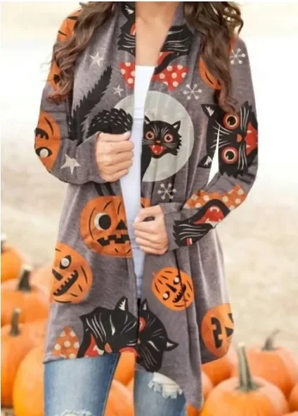 Halloween Cardigan for Women Pumpkin Cat Print Knitted Cardigans Sweaters Lightweight Long Sleeve Open Front Outwear