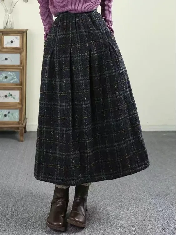 

Модная шерстяная юбка миди в клетку А-силуэта больших размеров для женщин, осенне-зимняя, стройнящая, для офиса и повседневной носки, для фигуры типа «груша»