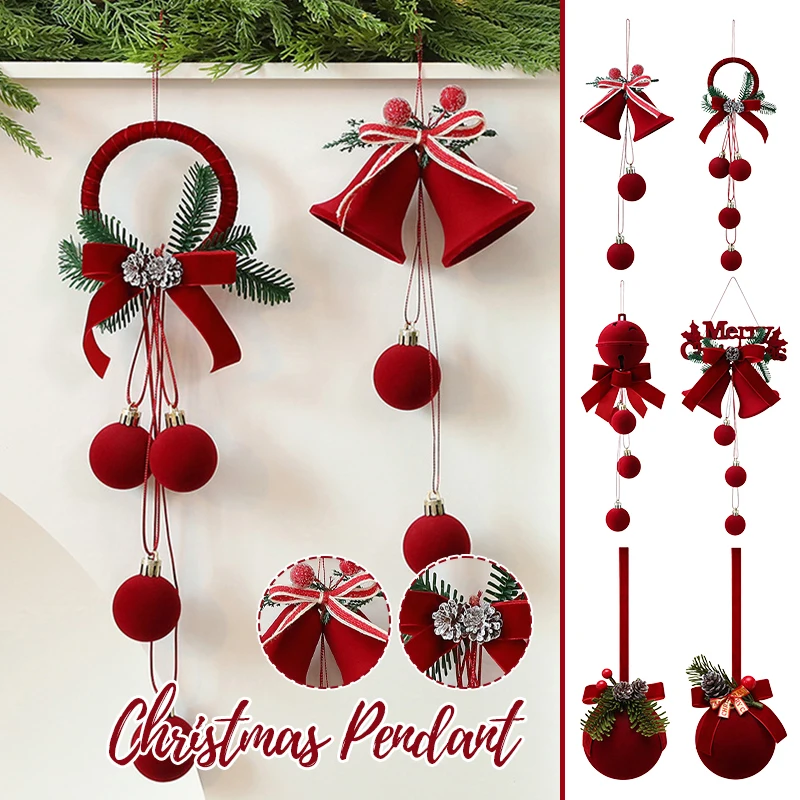 

Christmas Pendant Small Bell Flocking Bow Christmas Tree Atmosphere Decoration Pendant DIY Christmas Decoration New Year Gift