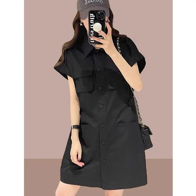 Vestido casual de manga curta feminino, lapela, botão, bolsos emendados, solto, que combina com tudo, monocromático, roupa feminina, verão, novo, moda, 2024