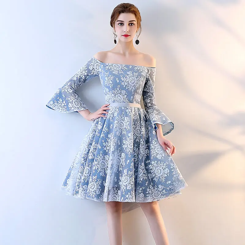 Abendkleider Blaue Gaze Blumenapplikationen HochzeitsbankettkleidTemperament Damen Abschlussball Elegante Brautjungfernkleider für Frauen