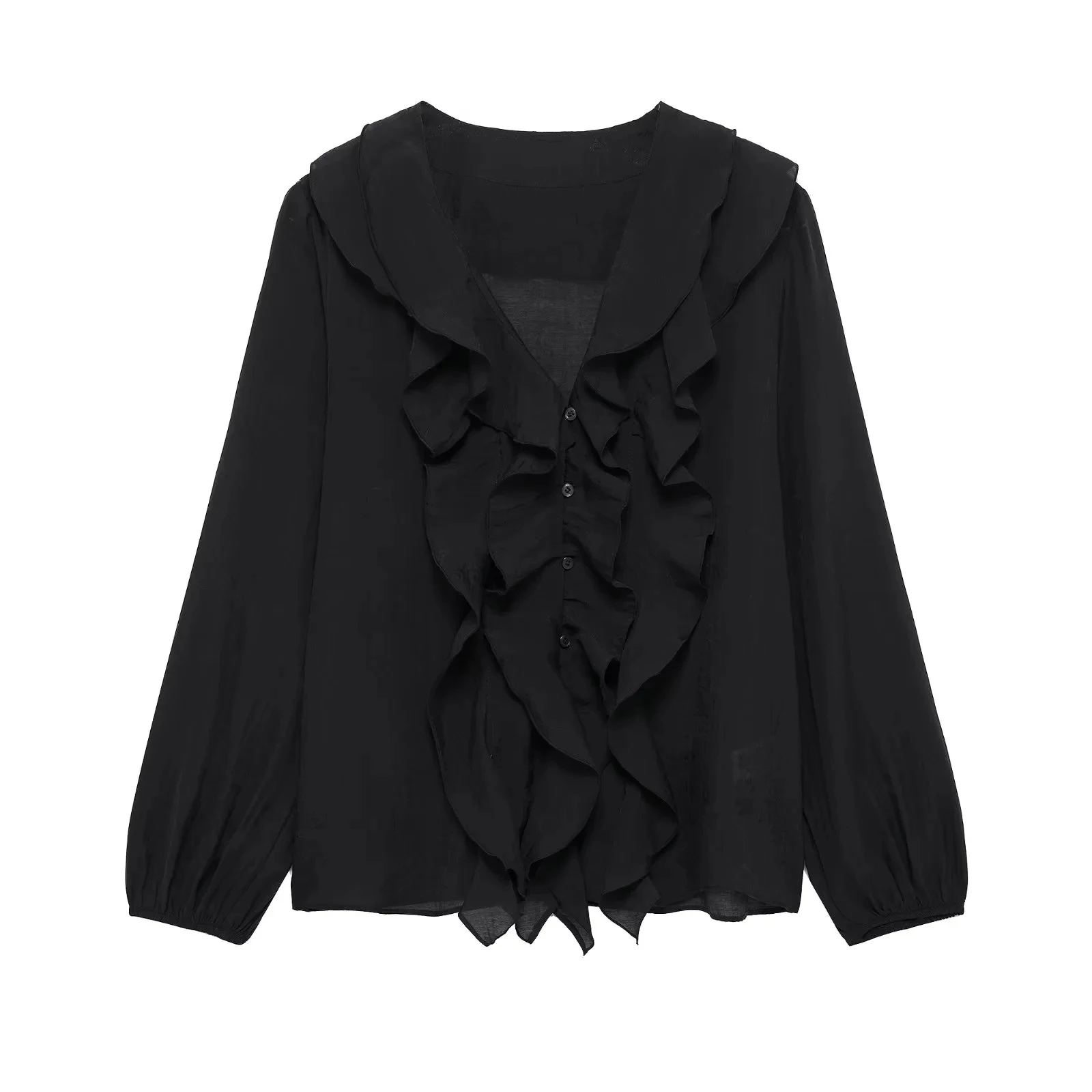 HH Damen Elegante Dünne Einfarbige Sommer-Bluse mit Rüschen, V-Ausschnitt und Puffärmeln, Lässige Damenbluse für Frühling 2026 und Abschlussfeier – Detail 12
