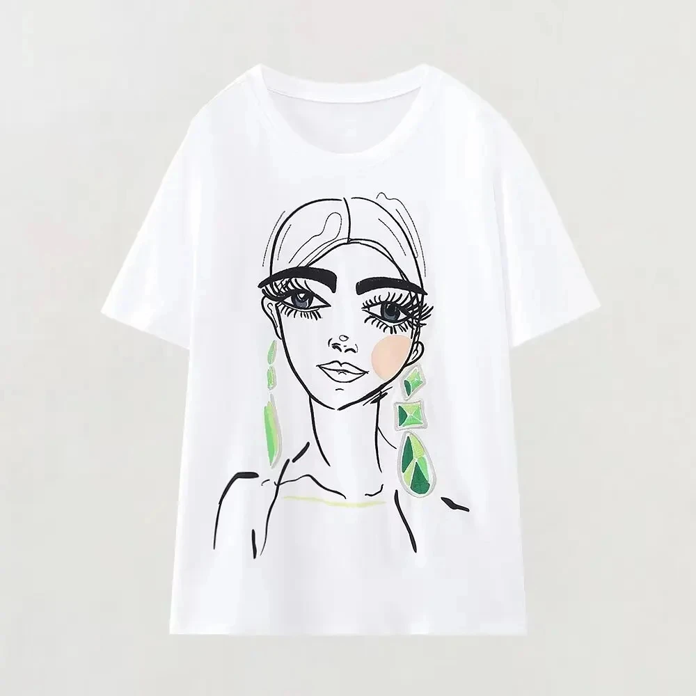 2024 Summer Women's Large Printed Round Neck Comfortable Breathable T-Shirt Women's Casual Harajuku Retro T-Shirt Tops