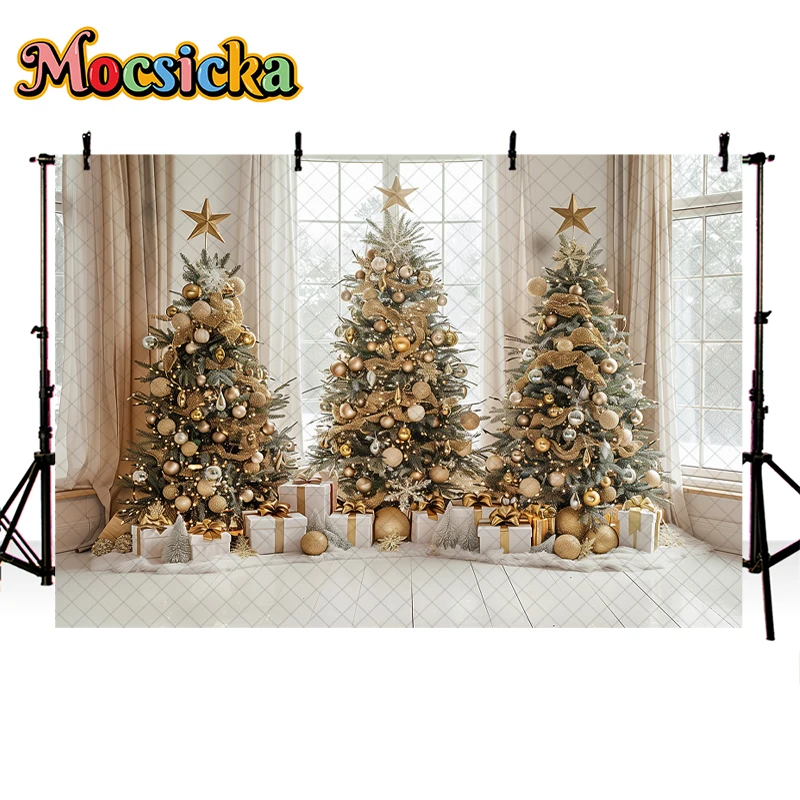 Mocsicka Xmas Gilded Frost Festivity Backdrops Kids Baby Photography Props Child Adult Photo Christmas Trees Window Background