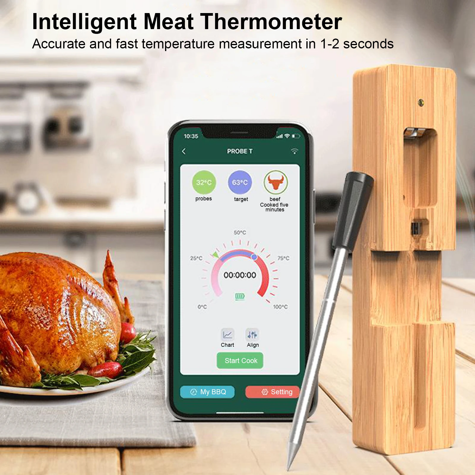 

Wireless Meat Food Thermometer, Mobile APP Waterproof Meat Thermometer for Oven Grill BBQ Steak Turkey Kitchen