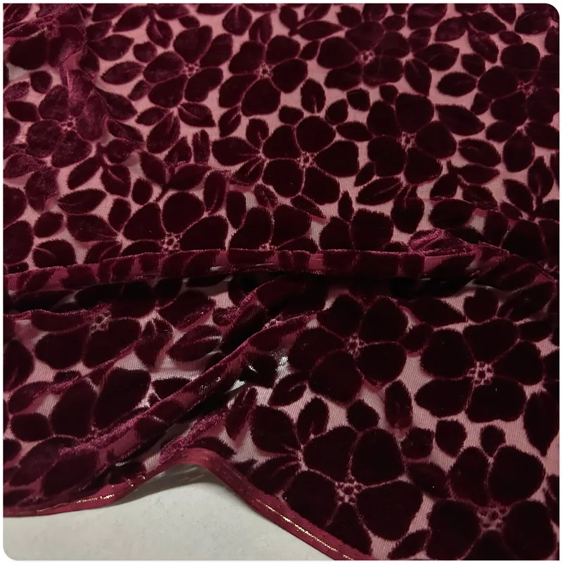 Hollow Wine Red Silk Velvet Mulberry Silk Bottom Cotton Flannel Dress Cheongsam Shirt Short Sleeve Shawl Clothing Fabric