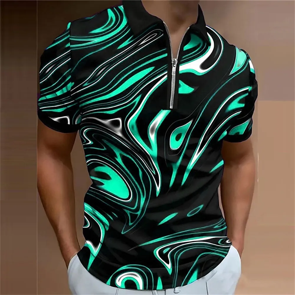 Polo con cremallera y estampado 3D abstracto de ilusión óptica para hombre, ropa de calle de uso diario al aire libre, camisas de poliéster de manga