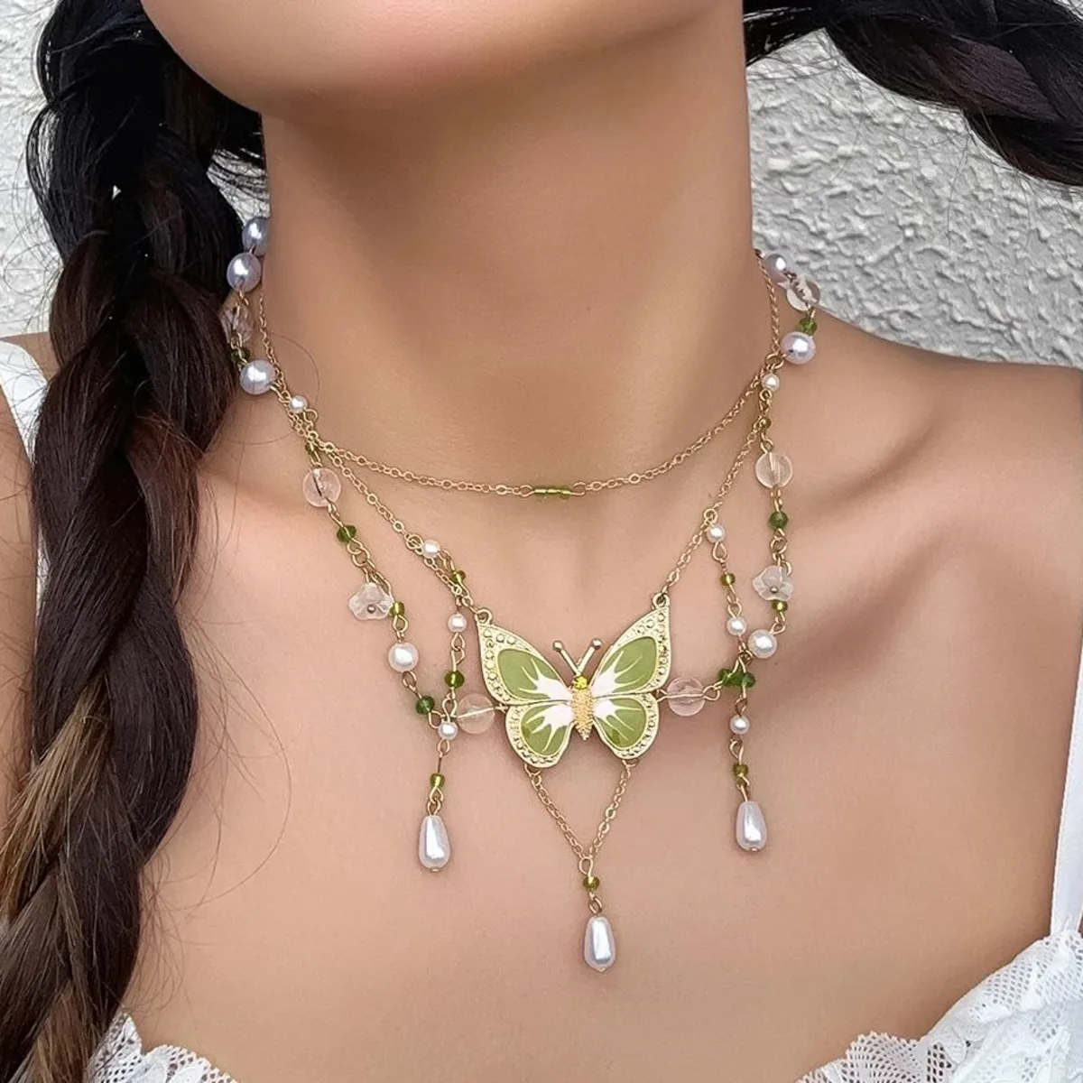 Lacteo Sweet Cute Green Drip Oil Butterfly Pendant Necklace Exquisite Sweet Imitation Pearl Tassel Necklace Femme Charm Jewelry