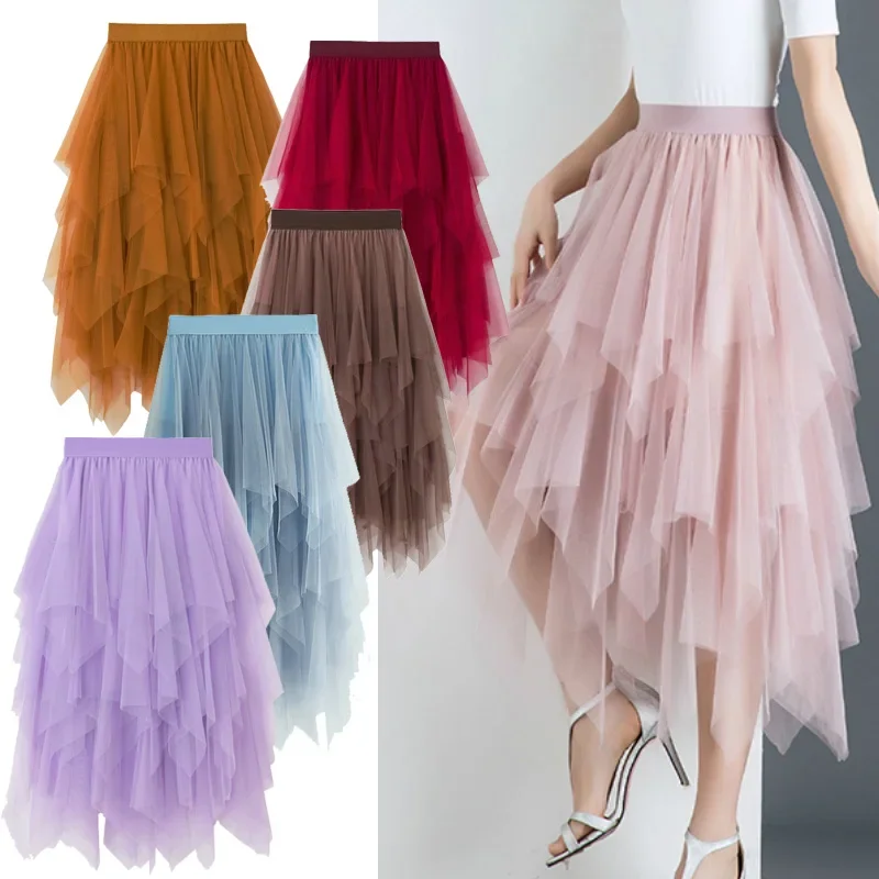 

Spring Irregular Cakee Layered Long Mesh Skirt Candy Color Violet Mustard Tiered Long Tulle Skirts 10 Colors