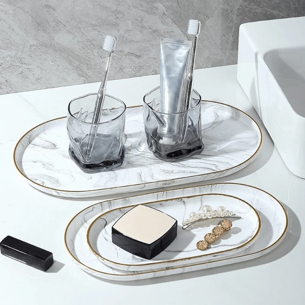 Gold Border Marble Oval Disk Multi Functional Elegant Jewelry Storage Tray Marble Texture Portable\ Oval Dish Dining Table