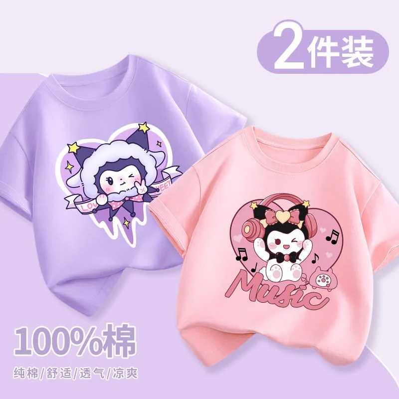 Camiseta infantil de algodão sanrioed Kuromi Cinnamoroll, blusa com gola redonda, manga curta, roupas casuais, verão, nova, 2 peças