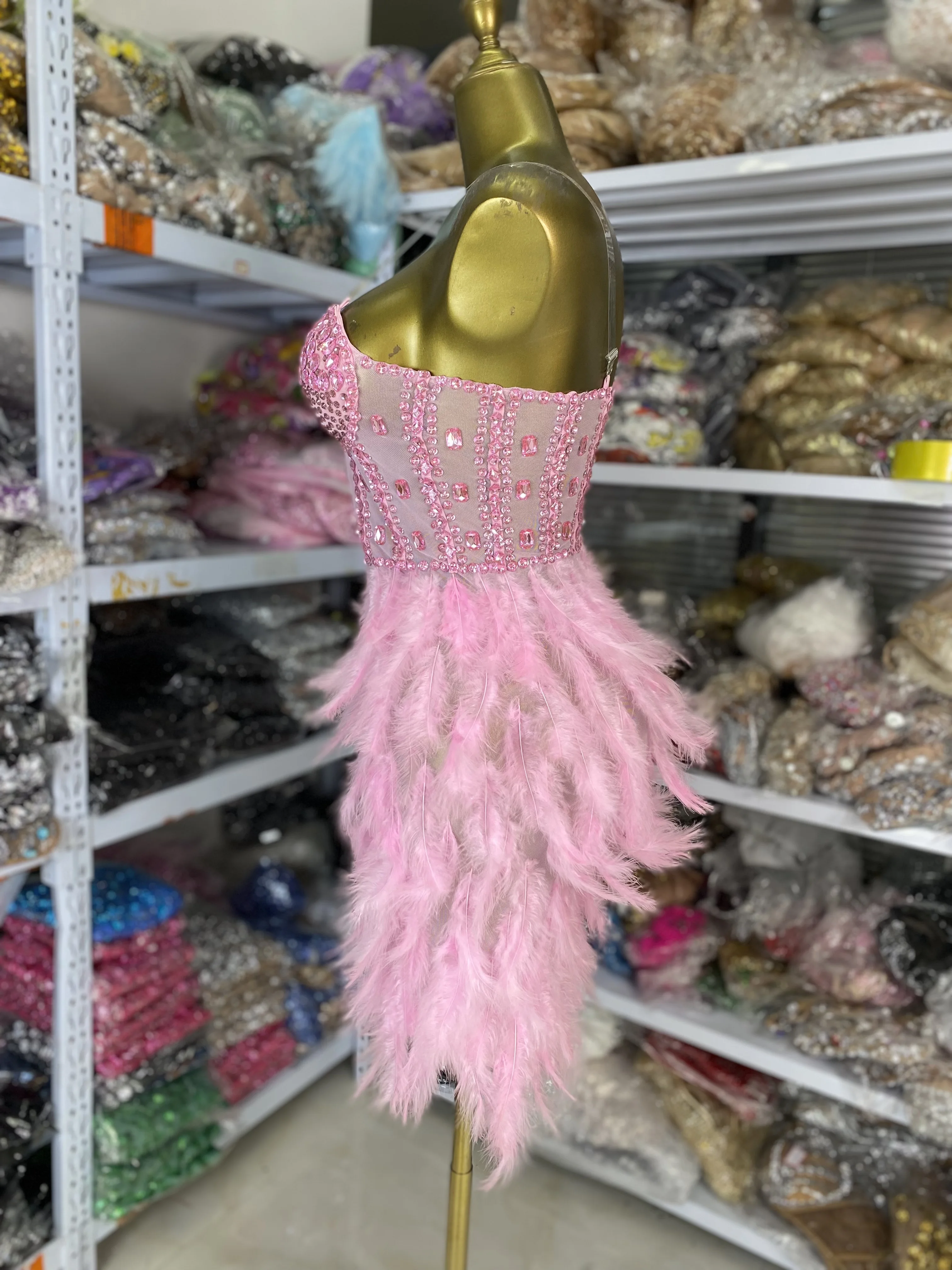 Roze Strass Bustier Corset Veren Mesh Bodycon Mini Jurk Vrouwen Verjaardag Avond Club Feestjurk Prestaties Kostuums