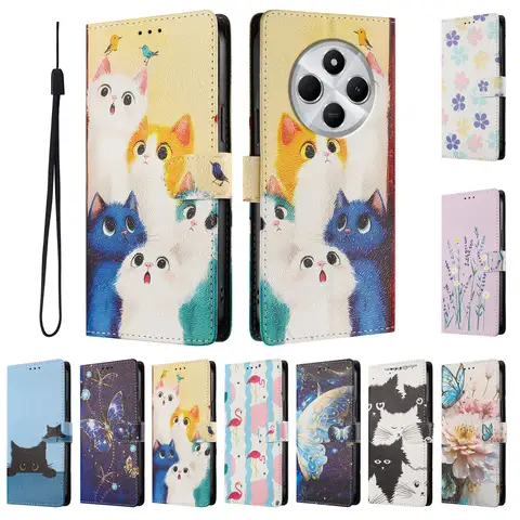 Custodia per telefono in pelle per Xiaomi Redmi 14C 14R 13 13C 13X 13R 12 12C 11A 10A 9C Custodia per carta a portafoglio verniciata con farfalla di gatto