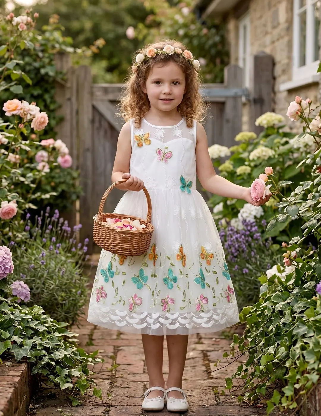 Girls Dress White Butterfly Embroidered Sleeveless Garden Party Wedding Spring Summer Dress
