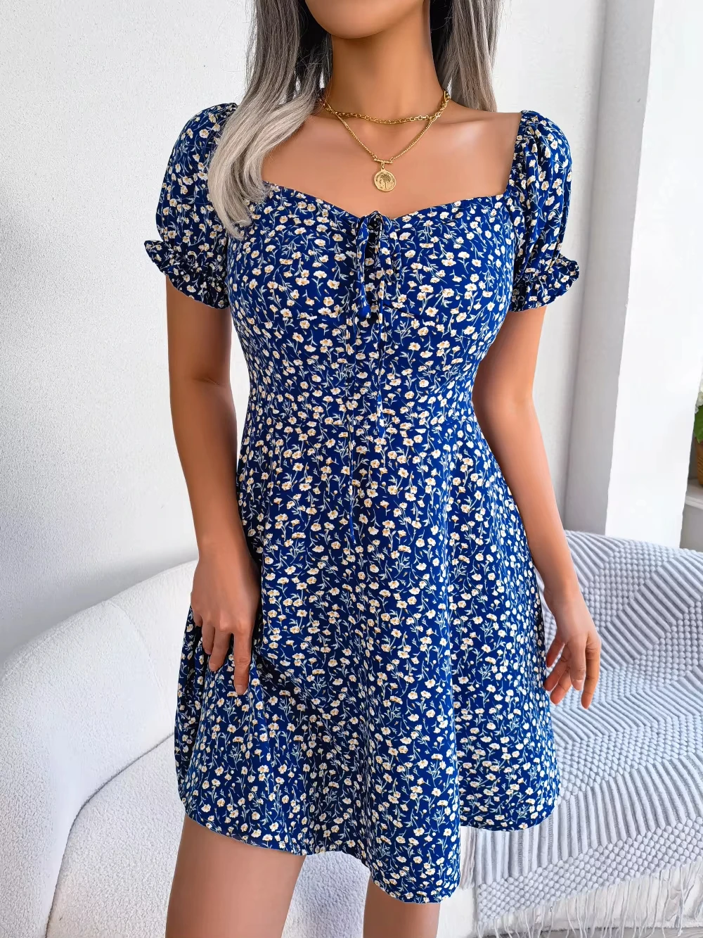 Spring Summer Square Collar Floral Ruffles Mini Dress Women Casual Flare Sleeves Drawstring Lace up Print A Line Dress 2025