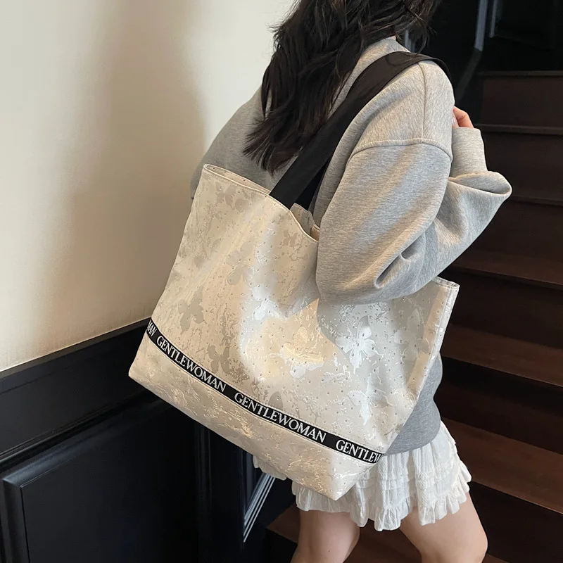 Handheld Canvas Bag for Women Large Capacity New Autumn Winter Versatile One Shoulder Bag Butterfly Printed Pattern Tote Bag