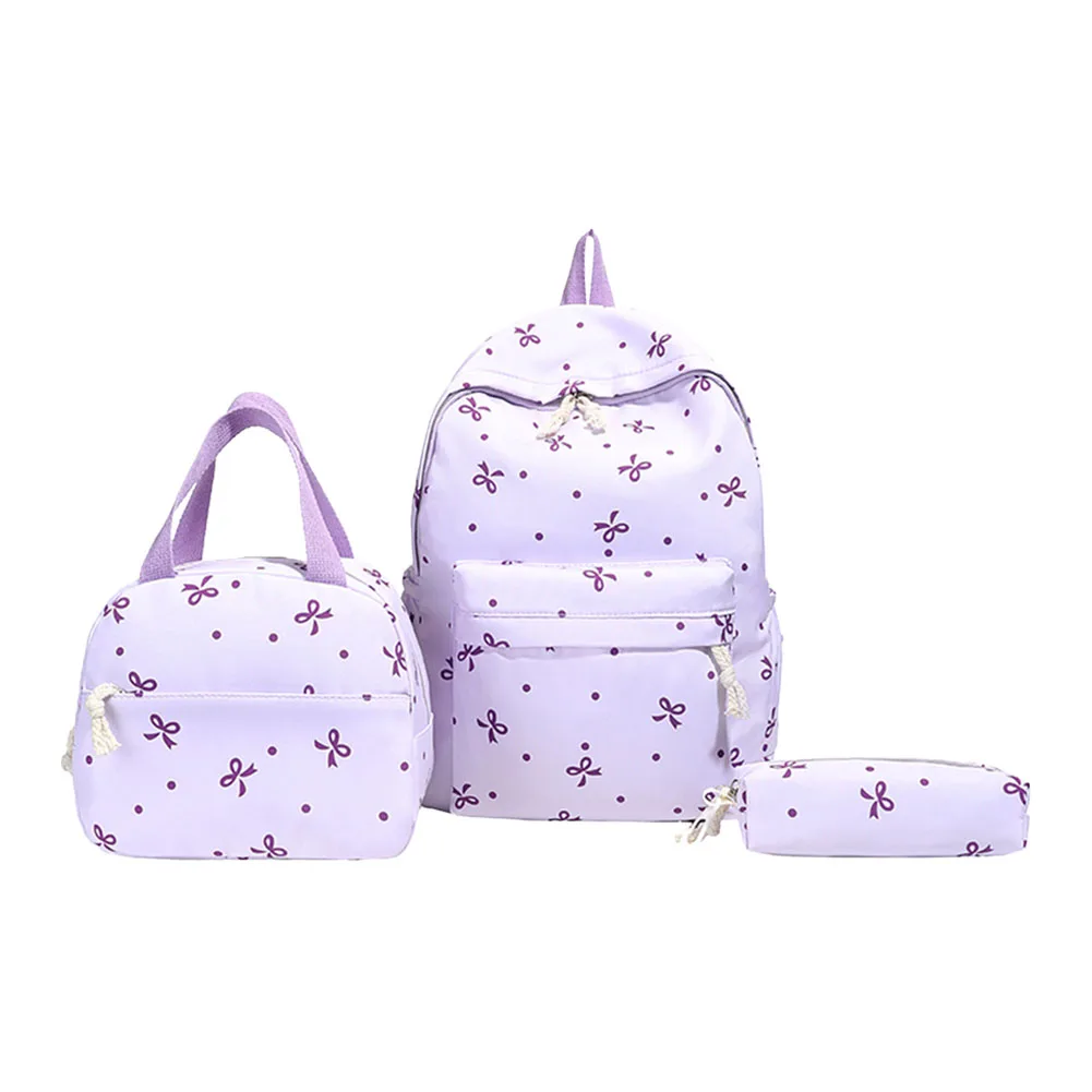 

3Pcs Kawaii Nylon Backpack with Handbag & Pencil Case All-Match School Bag Bowknot Printed Cute Bowknot Backpack Trip Backpack