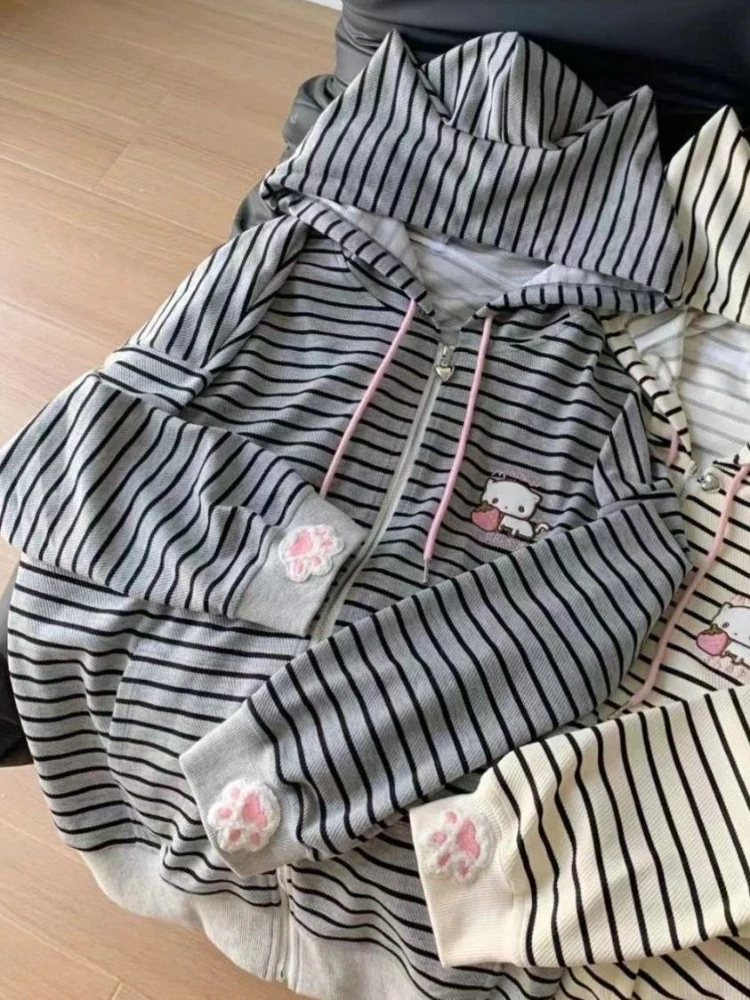 

HOUZHOU Gray Cat Embroidery Cutecore Women Hoodies Striped Japanese Style Kawaii Sweet Zip up Sweatshirt Loose Cat's Ears Preppy