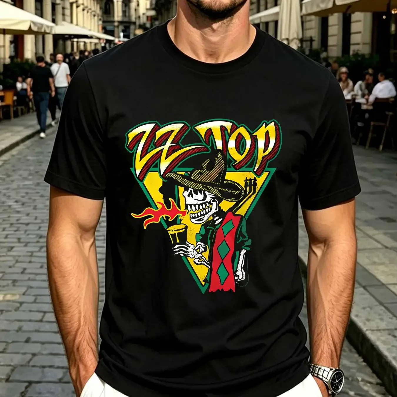 washed T Shirt ZZ Top Mescalero Album Cover Men's Skeleton Fire Rock Band Concert Tour vintage Washed Stretched streetwear