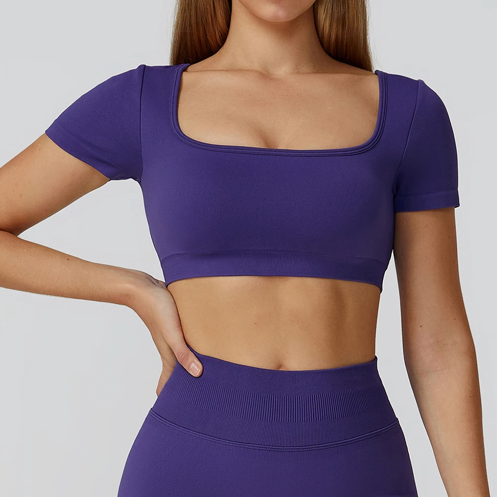 

Women Yoga Top Seamless Sports T Shirts Workout Clothes Fitness Short Sleeve Yoga Shirt Gym Crop Top Running Elastic Tracksuits