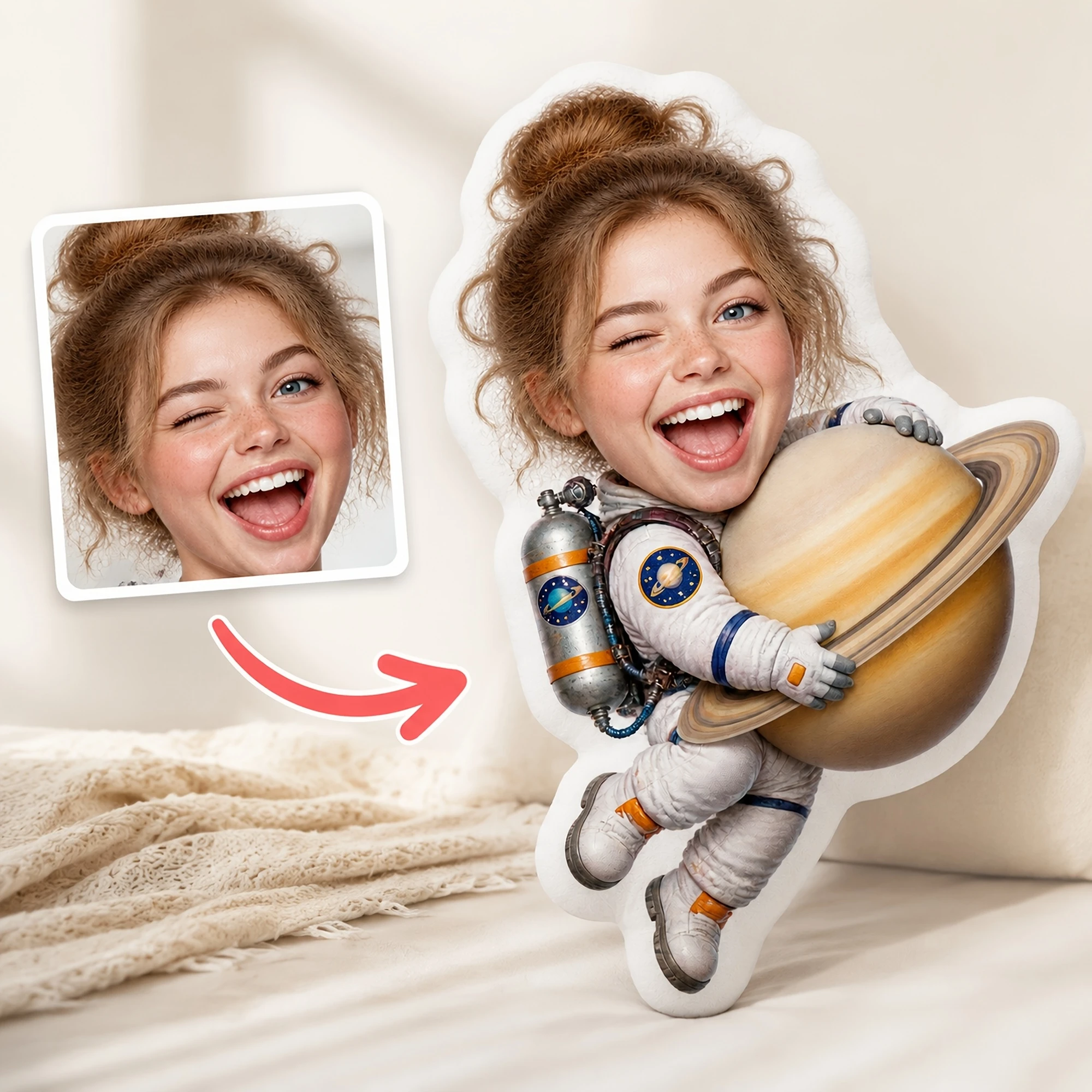 1pc [2D Flat] Custom Double-Sided Printed Astronaut Saturn-Shaped Throw Pillow, Funny Space-Themed Decorative Cushion for Bedroo