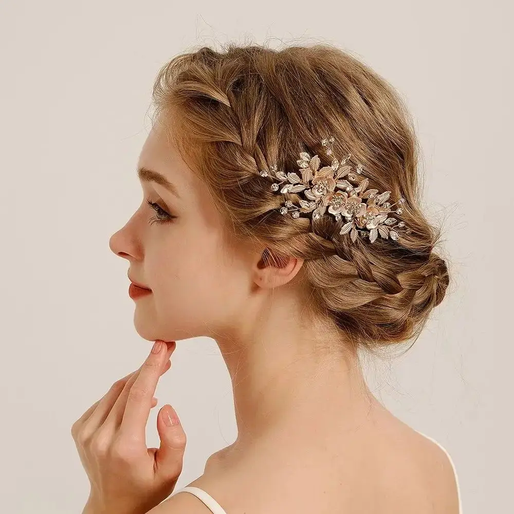 Fashion Alloy Flower Bridal Hair Comb Luxury Leaf Metal Rhinestone Hair Clip Headpiece Wedding Bridal Jewelry Accessories image 2