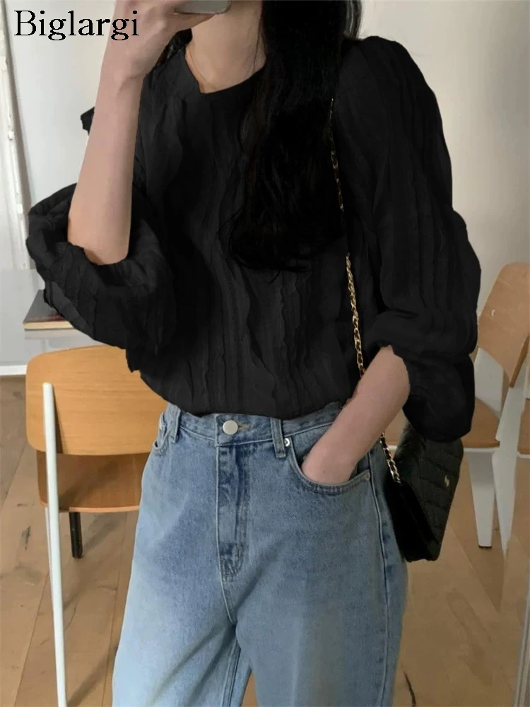 

Весенне-летние топы, женские плиссированные свободные свободные блузки в корейском стиле, модные повседневные женские топы с длинными рукавами