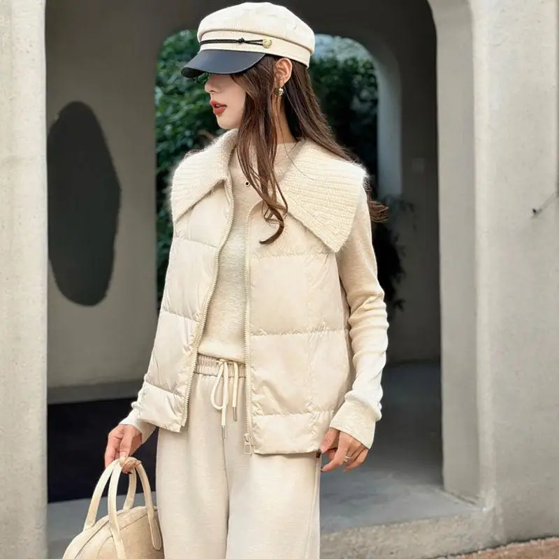 

Белый вязаный жилет Du down, новинка зимы, воротник из кроличьего меха, женская модная модная прямая трубка на молнии, длина ort