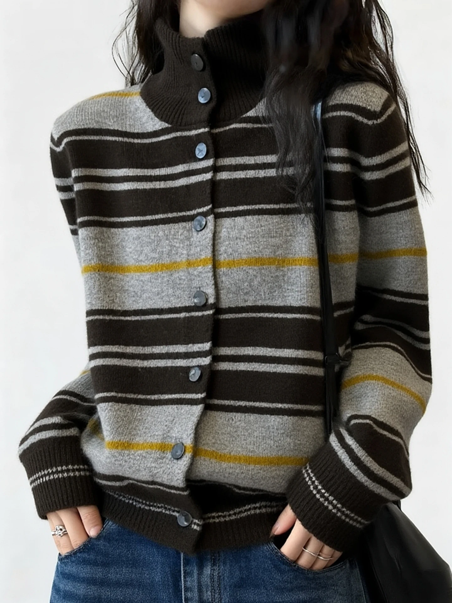 

Autumn Winter Women's Loose Slimming Retro Striped High Collar Long Sve Knitted Open Cardigan Versatile Faion Top