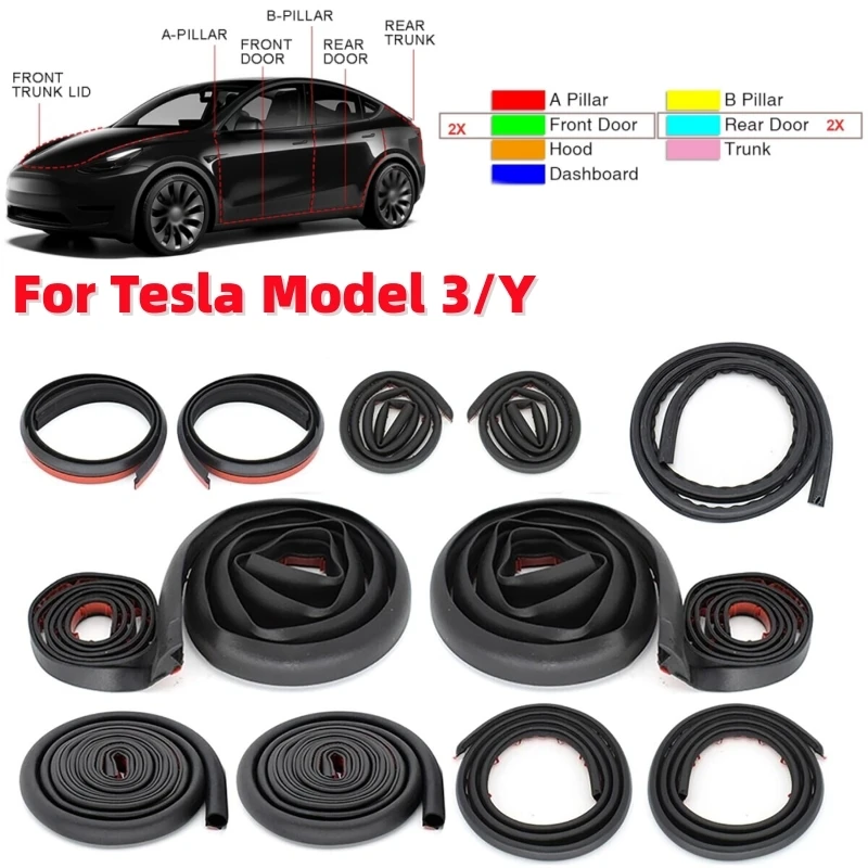 

11Pcs/set Car Door Seal Strip Kit Rubber Noise Insulation Weatherstrip Soundproof Sealing Strip Set For Tesla Model 3/Y