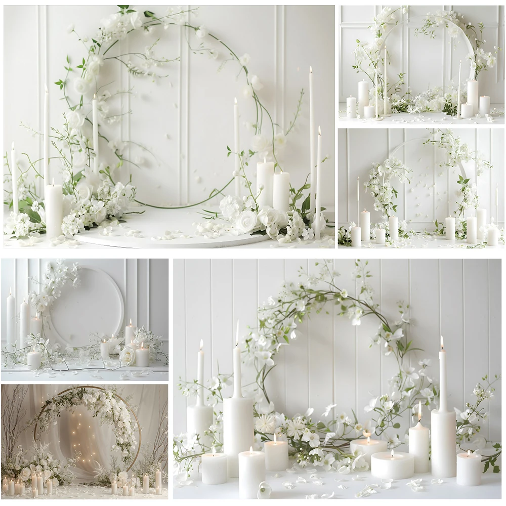 

Flower Wedding Scene Backdrop Photography Indoor White Garland Floral Candles Bridal Shower Maternity Portrait Photo Background