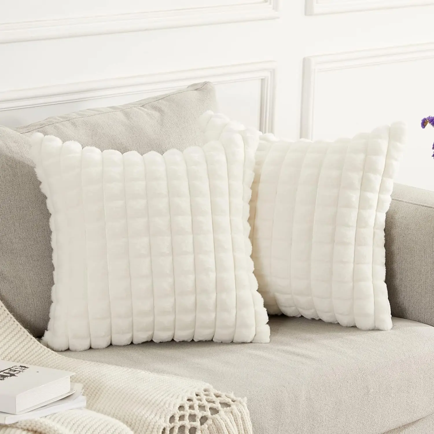 

White Plaid Plush Cushion Cover Super Soft Nordic Style Decorative Home Pillow Cover For Living Room Sofa 45*45cm Pillow Cover